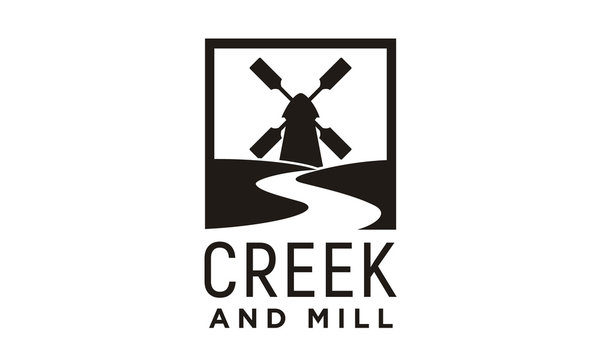 River Creek And Wind Mill Farm Field Logo Design Inspiration