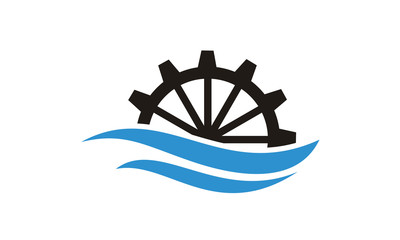 River Creek Water Mill, Ocean Sea Wave Cog Wheel Gear logo design inspiration © Enola99d