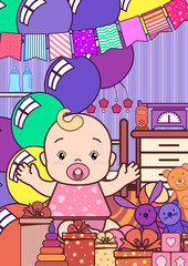 Festive background with a cute joyful  baby in a children's room with balloons, gifts, toys. Vector Shower, Birthday party card. Vertical composition.