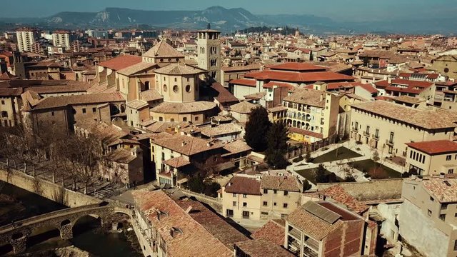 Roman Catholic Cathedral of St. Peter Apostle in Vic and Romanesque bridge across  Meder river, Spain