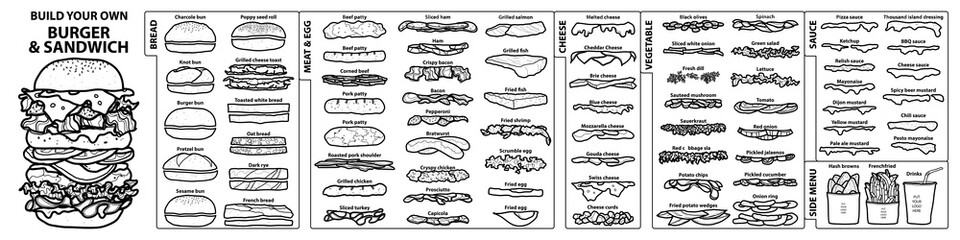Set of isolated ingredients for build your own burger and sandwich.
