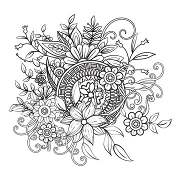 Floral pattern in black and white. Adult coloring book page with flowers and mandala. Art therapy, anti stress coloring page. Hand drawn vector illustration