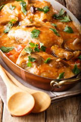 Rustic french food: chasseur chicken with wild mushrooms, onions and tomatoes stewed in spicy sauce close-up. vertical