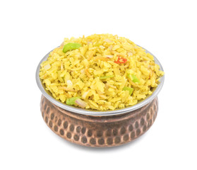 Indian Breakfast Dish Poha Also Know as Pohe or Aalu poha made up of Beaten Rice or Flattened Rice. The rice flakes are lightly fried in oil with mustard, chilly, onion, curry leaves and turmeric
