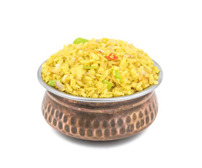 Indian Breakfast Dish Poha Also Know as Pohe or Aalu poha made up of Beaten Rice or Flattened Rice. The rice flakes are lightly fried in oil with mustard, chilly, onion, curry leaves and turmeric