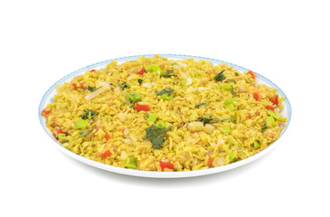 Indian Breakfast Dish Poha Also Know as Pohe or Aalu poha made up of Beaten Rice or Flattened Rice. The rice flakes are lightly fried in oil with mustard, chilly, onion, curry leaves and turmeric