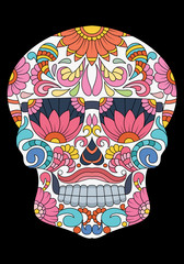 Day of The Dead colorful Sugar Skull with Flowers Pattern. Design elements label, emblem, poster, t-shirt. Vector illustration