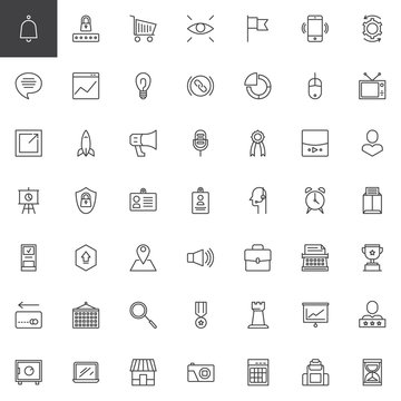 Digital marketing outline icons set. linear style symbols collection, line signs pack. vector graphics. Set includes icons as Notification, Password, Shopping cart, Eye, Flag, Line chart, Idea, Link