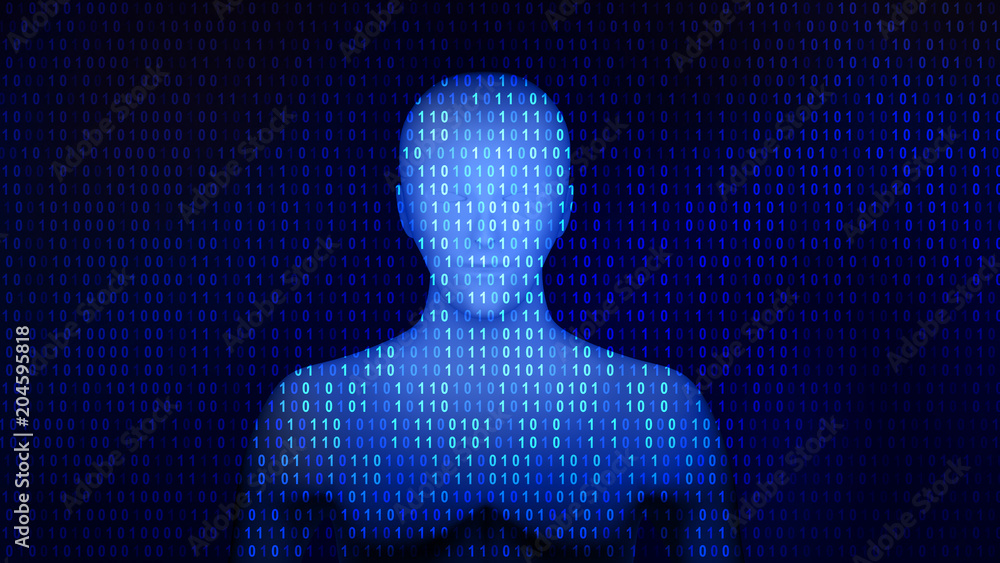 Poster human with 01 or binary data on the computer screen, artificial intelligence in futuristic technolog