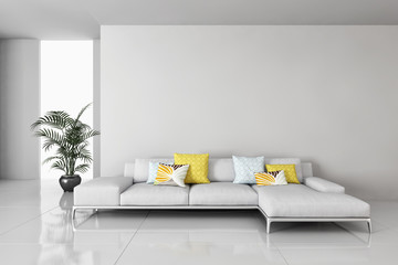 Modern bright interiors apartment with mockup poster frame 3D rendering