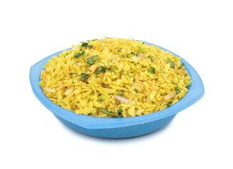 Indian Breakfast Dish Poha Also Know as Pohe or Aalu poha made up of Beaten Rice or Flattened Rice. The rice flakes are lightly fried in oil with mustard, chilly, onion, curry leaves and turmeric