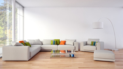 Modern bright interiors apartment with mockup poster frame 3D rendering