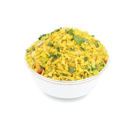 Indian Breakfast Dish Poha Also Know as Pohe or Aalu poha made up of Beaten Rice or Flattened Rice. The rice flakes are lightly fried in oil with mustard, chilly, onion, curry leaves and turmeric