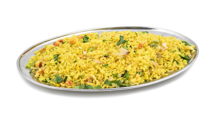 Indian Breakfast Dish Poha Also Know as Pohe or Aalu poha made up of Beaten Rice or Flattened Rice. The rice flakes are lightly fried in oil with mustard, chilly, onion, curry leaves and turmeric