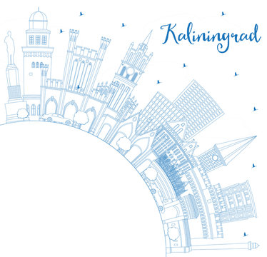 Outline Kaliningrad Russia City Skyline with Blue Buildings and Copy Space.
