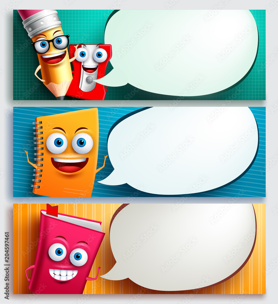 Poster school characters vector banner set with speech bubbles, education items and empty space for text. e