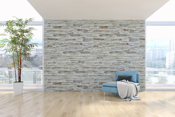 Modern bright interiors apartment with mockup poster frame 3D rendering
