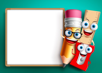 Back to school vector background template. Funny school characters and education items like whiteboard with empty blank space for text. Vector illustration.
