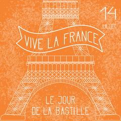 Bastille Day. French National Holiday. The lower part of the Eiffel Tower in scale. Grunge background. Orange and white