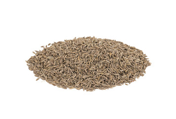 Pile of Dried Cumin Seeds Also Know as Caraway, jira or jeera Its seeds are used in the cuisines of many different cultures isolated on white Background