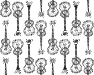 Black and White Seamless Pattern. Acoustic Guitar