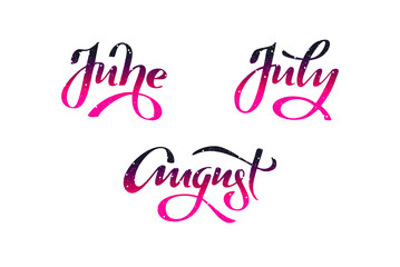 June, July, August summer months handwritten lettering poster. Vector illustration EPS 10.