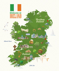 Ireland vector illustration with landmarks, irish castle, green fields. Irish map