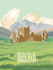 Ireland vector illustration with landmarks, irish castle, green fields. - 204599280