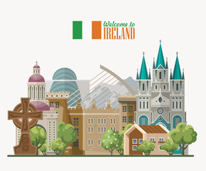 Ireland vector illustration with landmarks, irish castle, green fields. - 204599295