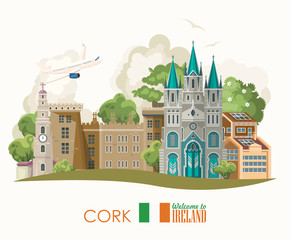 Ireland vector illustration with landmarks, irish castle, green fields. Cork