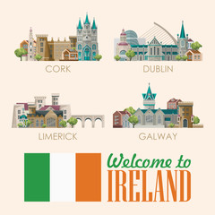 Ireland vector illustration with landmarks, irish castle, green fields. - obrazy, fototapety, plakaty