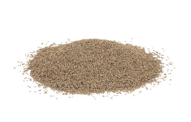 Pile of Dried Cumin Seeds Also Know as Caraway, jira or jeera Its seeds are used in the cuisines of many different cultures isolated on white Background