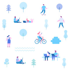Flat illustration of people using gadgets walking outdoors in the park.  People background characters. Flat vector illustration.