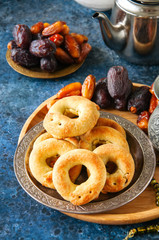 Traditional arabic date ring cookies - kaak bi ajwa, popular cookies for Eid holidays. Top view.