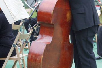 Cello player cellist in a free outdoor concert at a public park, musician plays cello © bravissimos
