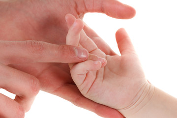 Baby hand in mother hands finger. Mom and her Child. Happy tenderness Family concept. Beautiful conceptual Maternity