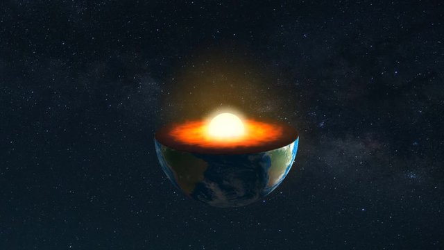 Core of the Earth with inner geological structure and layers of the planet in 3d animation.