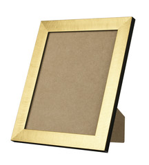 GOLD WOOD PICTURE FRAME STANDING UP ISOLATED ON WHITE BACKGROUND
