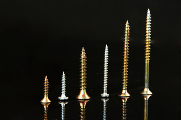 A many silver and golden nails put together in ascending order. View from left side