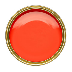 TIN OF OPEN BRIGHT ORANGE PAINT ISOLATED ON WHITE BACKGROUND