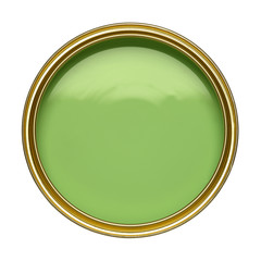 TIN OF OPEN GREEN PAINT ISOLATED ON WHITE BACKGROUND