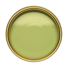 TIN OF OPEN GREEN PAINT ISOLATED ON WHITE BACKGROUND
