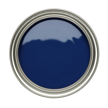 TIN OF OPEN NAVY BLUE PAINT ISOLATED ON WHITE BACKGROUND