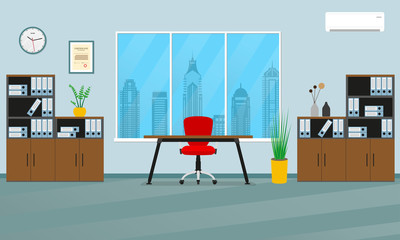 Office interior concept. Modern business workspace with office furniture: chair, desk, bookcase, clock on the wall and window. Vector illustration.
