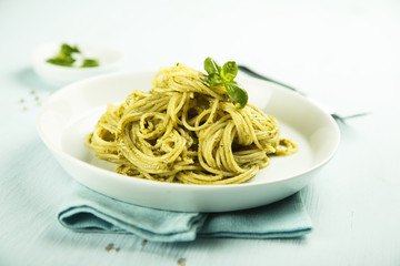 Pasta with homemade green basil pesto