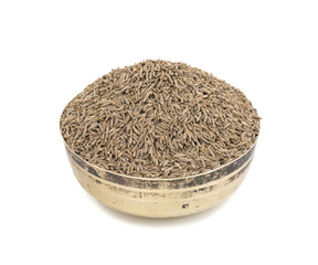 Pile of Dried Cumin Seeds Also know as caraway, jira or jeera seeds used in oriental cuisine isolated on white Background