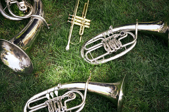 Closeup of a set of old musical instruments.