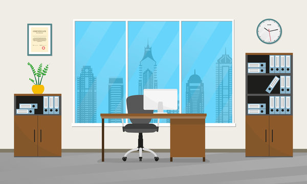 Office interior design. Modern business workspace with office furniture: chair, desk with computer, bookcase, clock on the wall and window. Vector illustration.