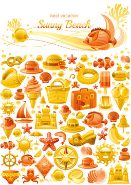 Summer sea travel banner pattern. Repeat wallpaper vector background poster. Vacation icon set illustration. Flat funky icons, sun, sand castle, shell, rubber ring, fruit, hat, yacht, suitcase