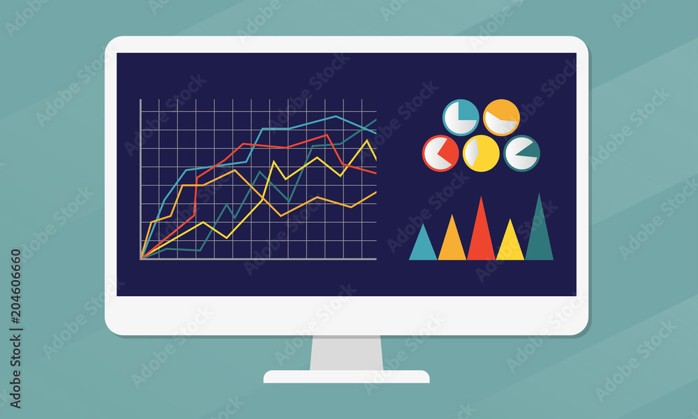 Wall mural computer monitor icon in flat style with graph, diagram and charts. pc desktop display. vector illus